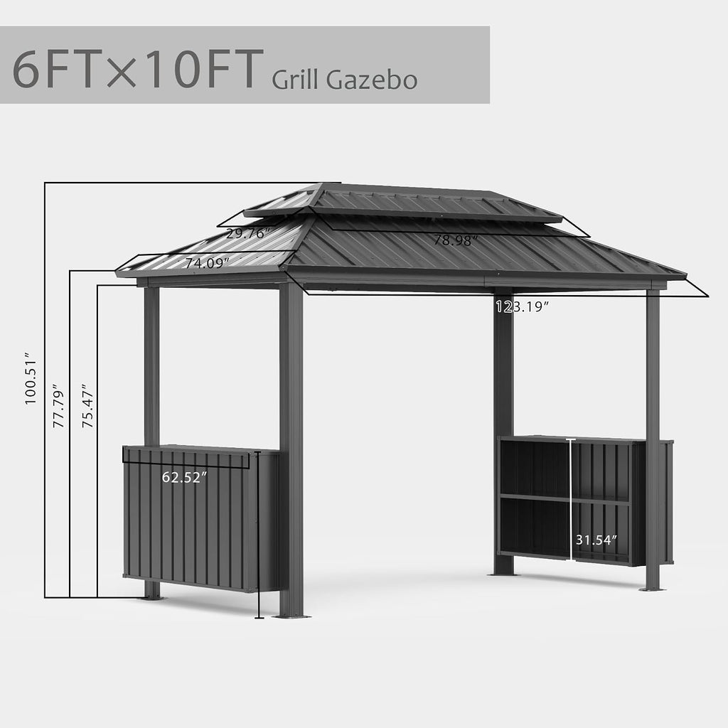 Domi 6x10FT Hardtop Grill Gazebo, BBQ Gazebo with Double Galvanized Steel Roof, 2 Storage Cabinets and Ceiling Hooks, Outdoor Grill Shelter for Backyard, Lawn and Garden(Gray)