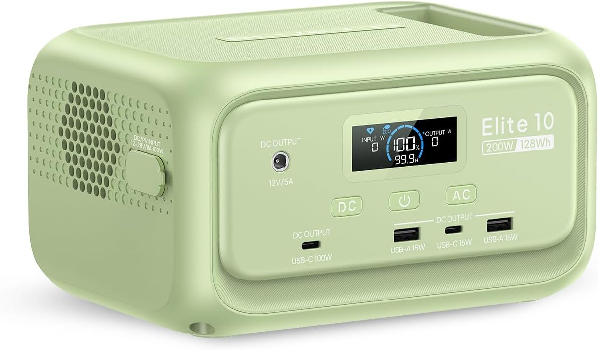 BLUETTI Elite 10 Mini Portable Power Station, 128Wh LiFePO4 Battery with 200W AC Outlet, 10ms UPS Backup, Fast Recharge Solar Generator for Camping, Travel & Outage Emergency Backup (Meadow Green)