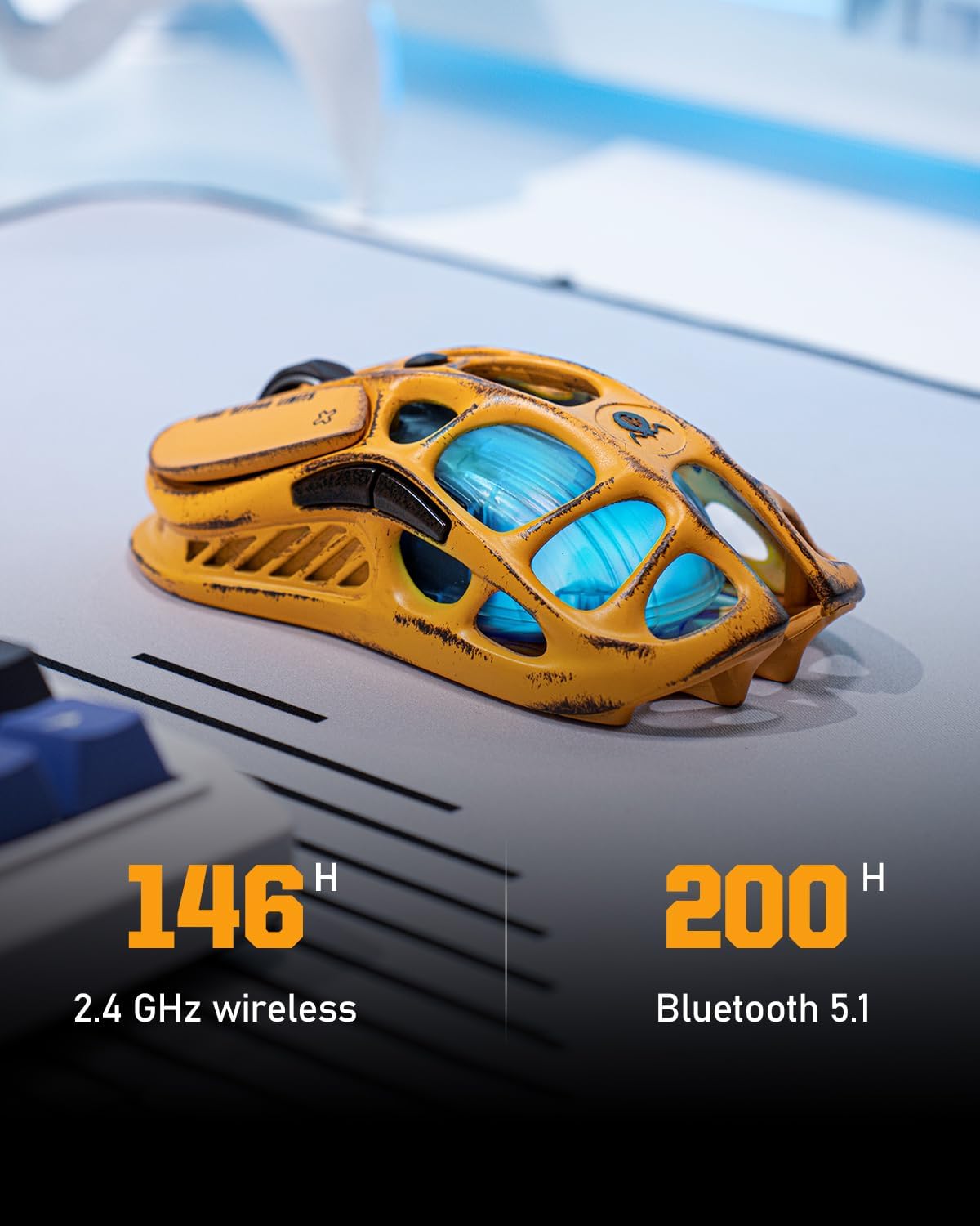 GravaStar Mercury M1 Pro Gaming Mouse, Lightweight Magnesium Alloy, 26,000 DPI, PAW3395DM Sensor, 5 Programmable Buttons, Support Wired/2.4GHz/BT, Up to 200 Hours Battery Life (Battle-Yellow)