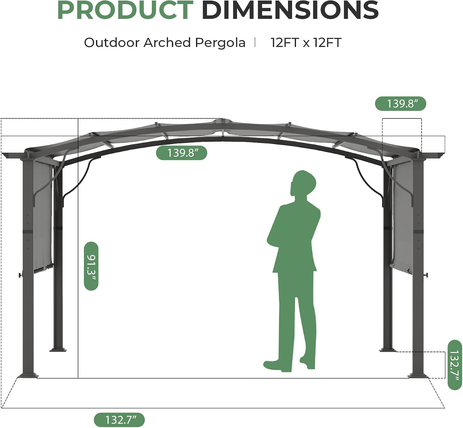 12' x12' Arched Outdoor Pergola for Deck, Outdoor Retractable Pergola with Adjustable Canopy, Aluminum Frame with Canopy Fixed in Various Positions (Grey)