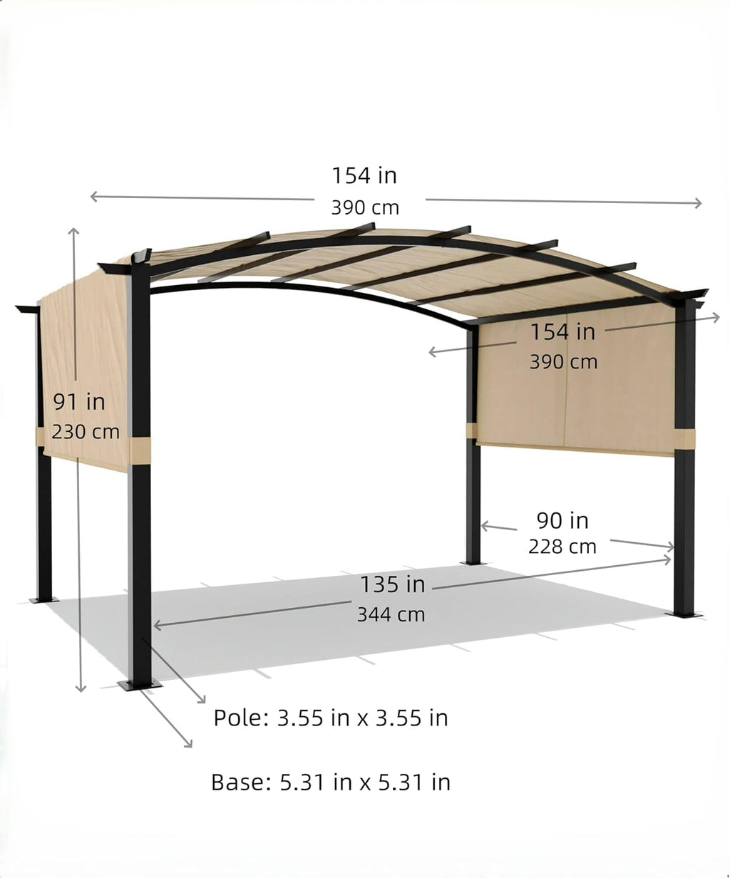 GarveeLife 12 x 9 ft Outdoor Arched Pergola, Metal Pergola with Retractable Canopy, Arched Style Gazebos for Backyards, Lawn, Patios (Khaki)