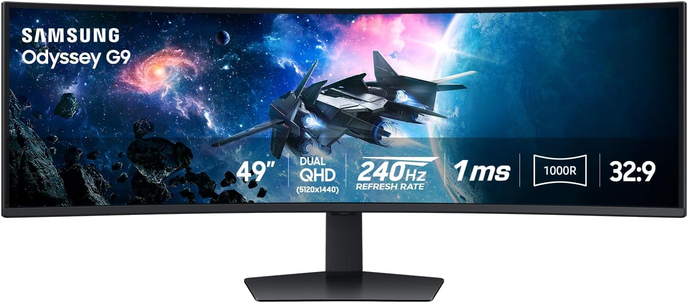 Samsung 49' Odyssey G9 Series DQHD 1000R Curved Gaming Monitor, 1ms(GtG), VESA DisplayHDR 1000, 240Hz, AMD FreeSync Premium Pro, Height Adjustable Stand, Ultrawide Screen, LS49CG954ENXZA, 2024