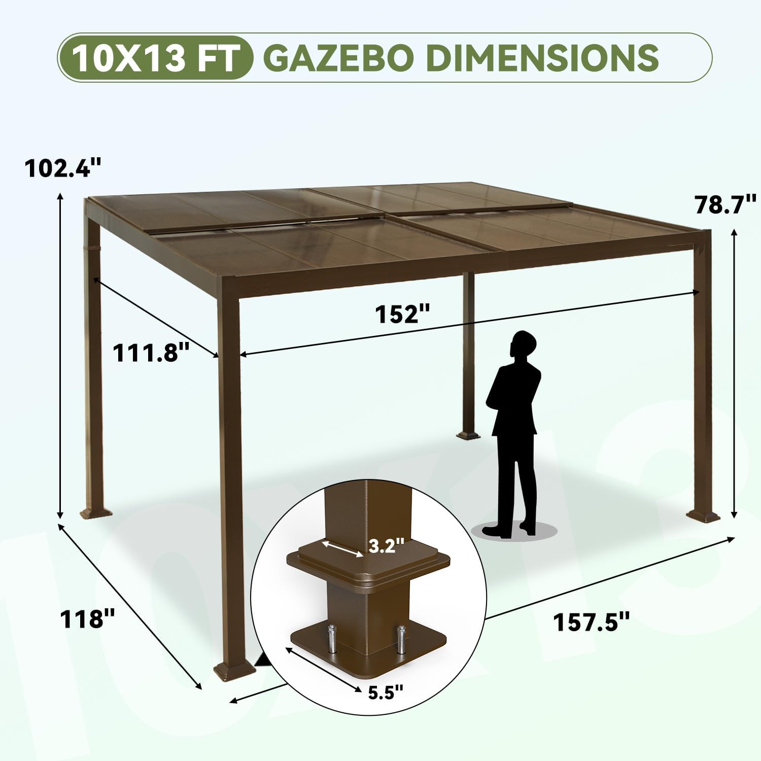 Gazebo 10'x13' with Adjustable Polycarbonate Roofs, All Aluminum Frame Permanent Pergola for Patio, Outdoor Freestanding Shelter, Dark Brown