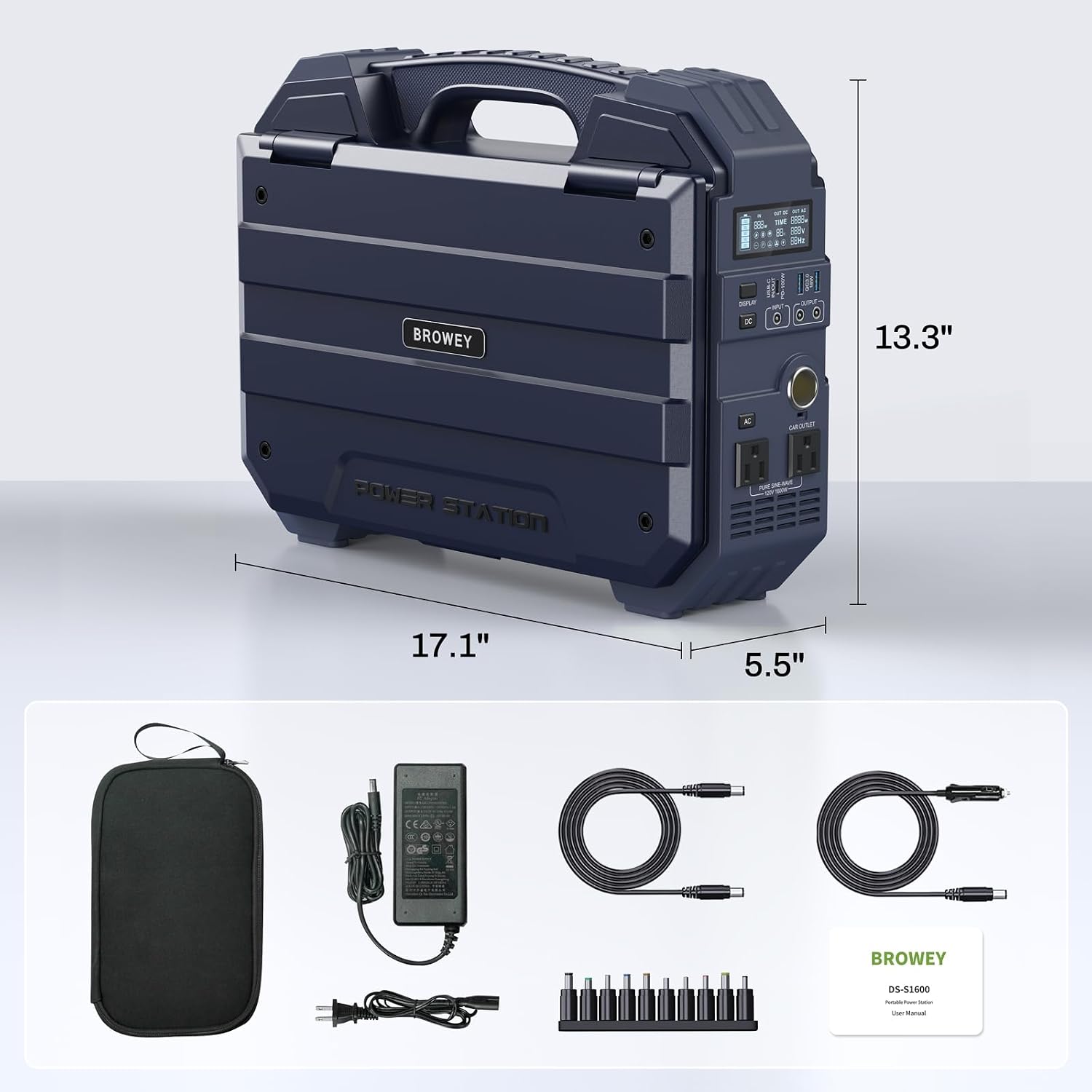 BROWEY 1600W (3200W Peak) Portable Power Station, 1024Wh LiFePO4 Battery with Built-in Solar Panel, 100W USB-C PD, Solar Generator for Camping, RV, Home Backup, Emergency (Dark Blue)