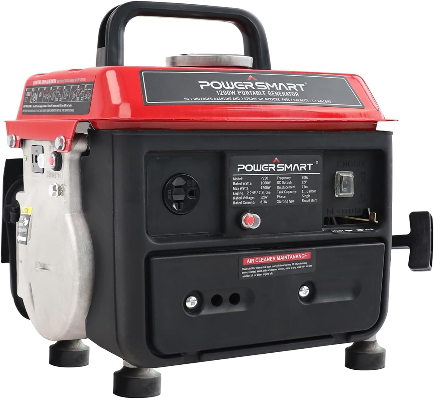 PowerSmart PS50 1000W 2 Stroke Manual Start Portable Generator, Red/Black