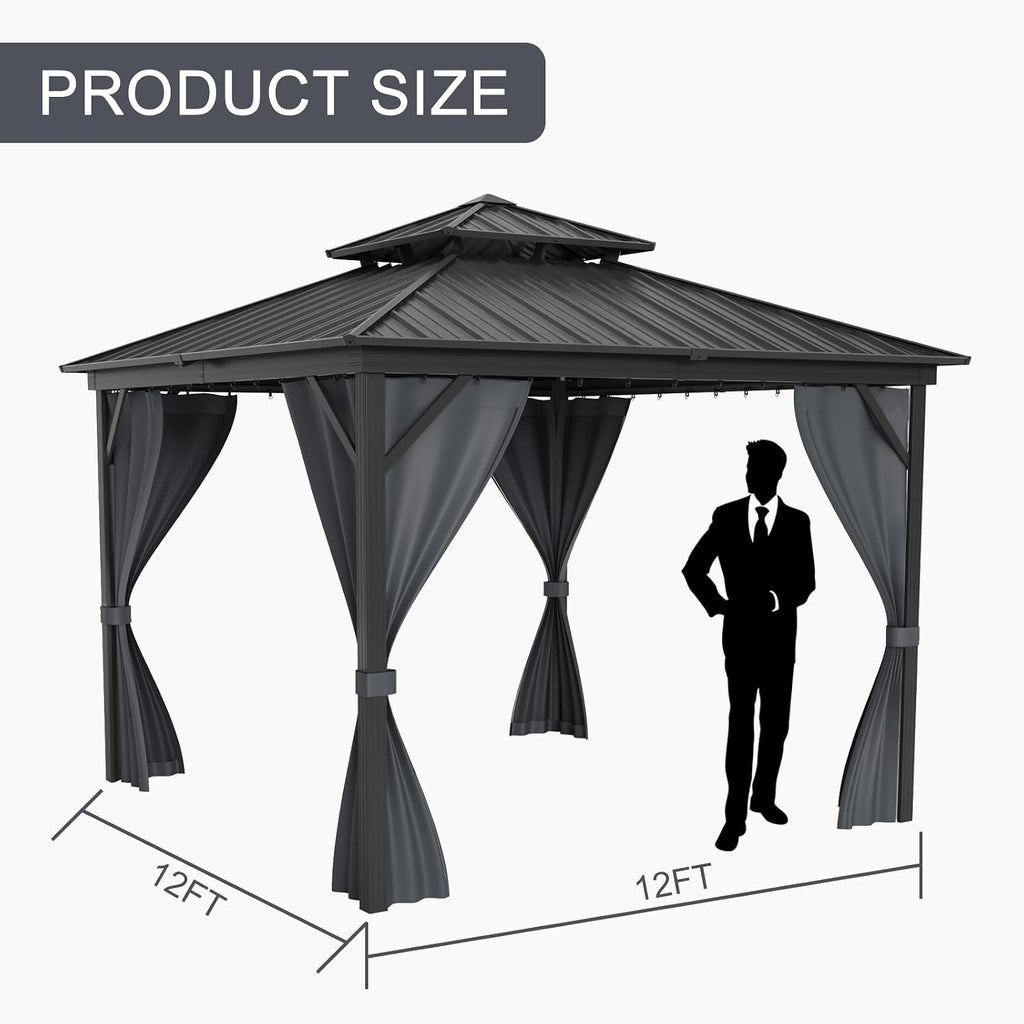 GAOMON 12'*12'Hardtop Gazebo - Outdoor Metal Pavilion with Galvanized Steel and Aluminum Frame, Double Roof Canopy with Netting and Curtains - Ideal for Patio, Backyard, Deck, and Lawns(Gray)