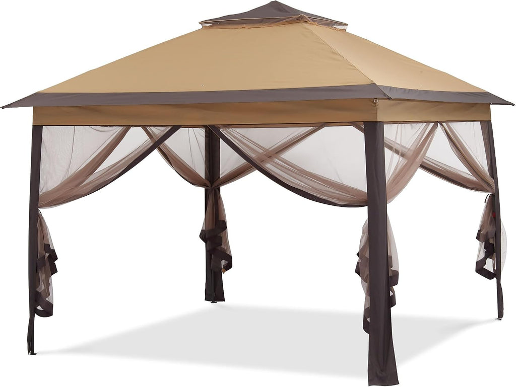11x11 Pop Up Camping Shelters Tent, Outdoor Tent with Netting, Outdoor Shelters for Backyard, Screen House with Wheeled Cover Bag, Brown.