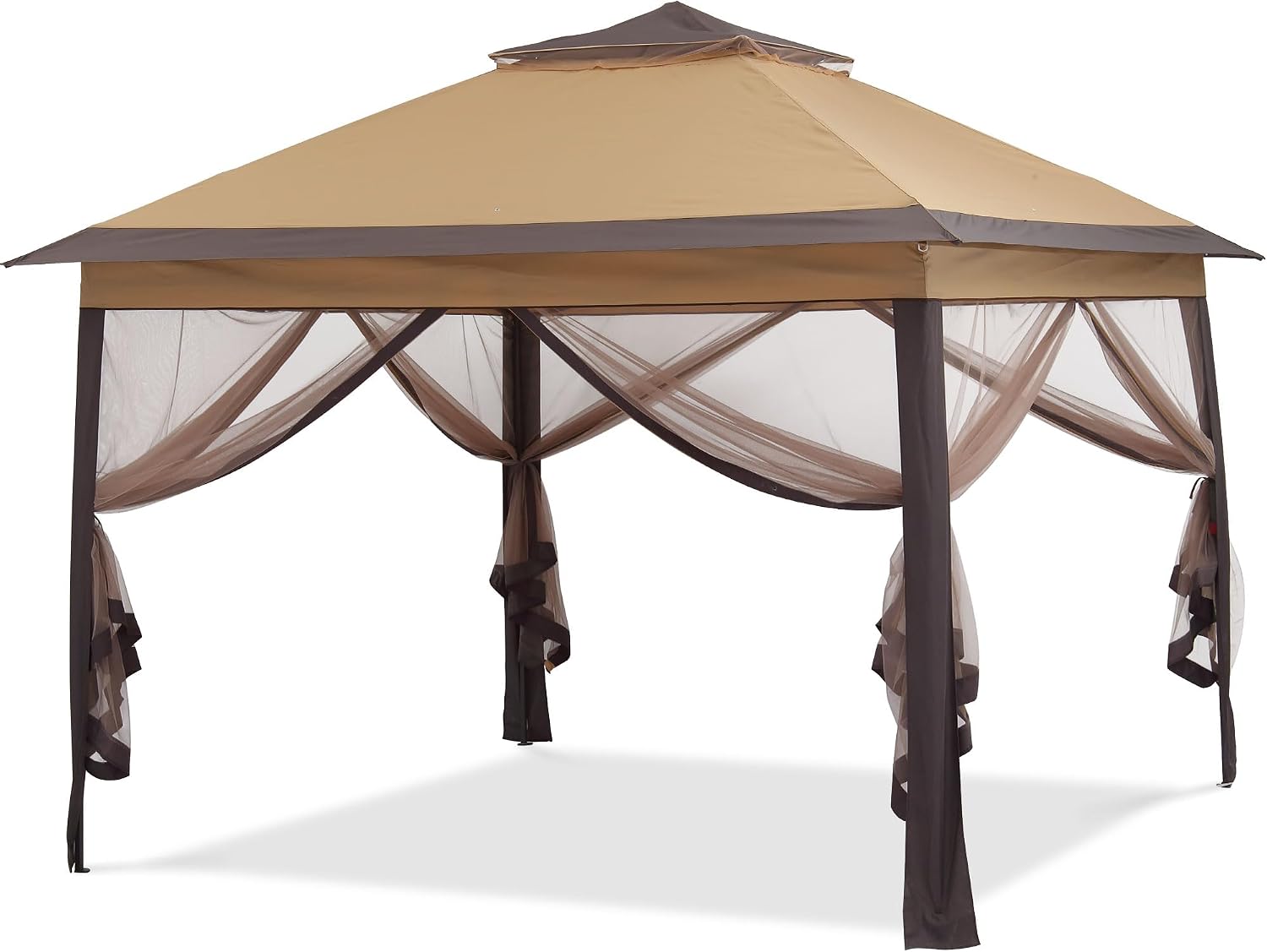 11x11 Pop Up Camping Shelters Tent, Outdoor Tent with Netting, Outdoor Shelters for Backyard, Screen House with Wheeled Cover Bag, Brown.