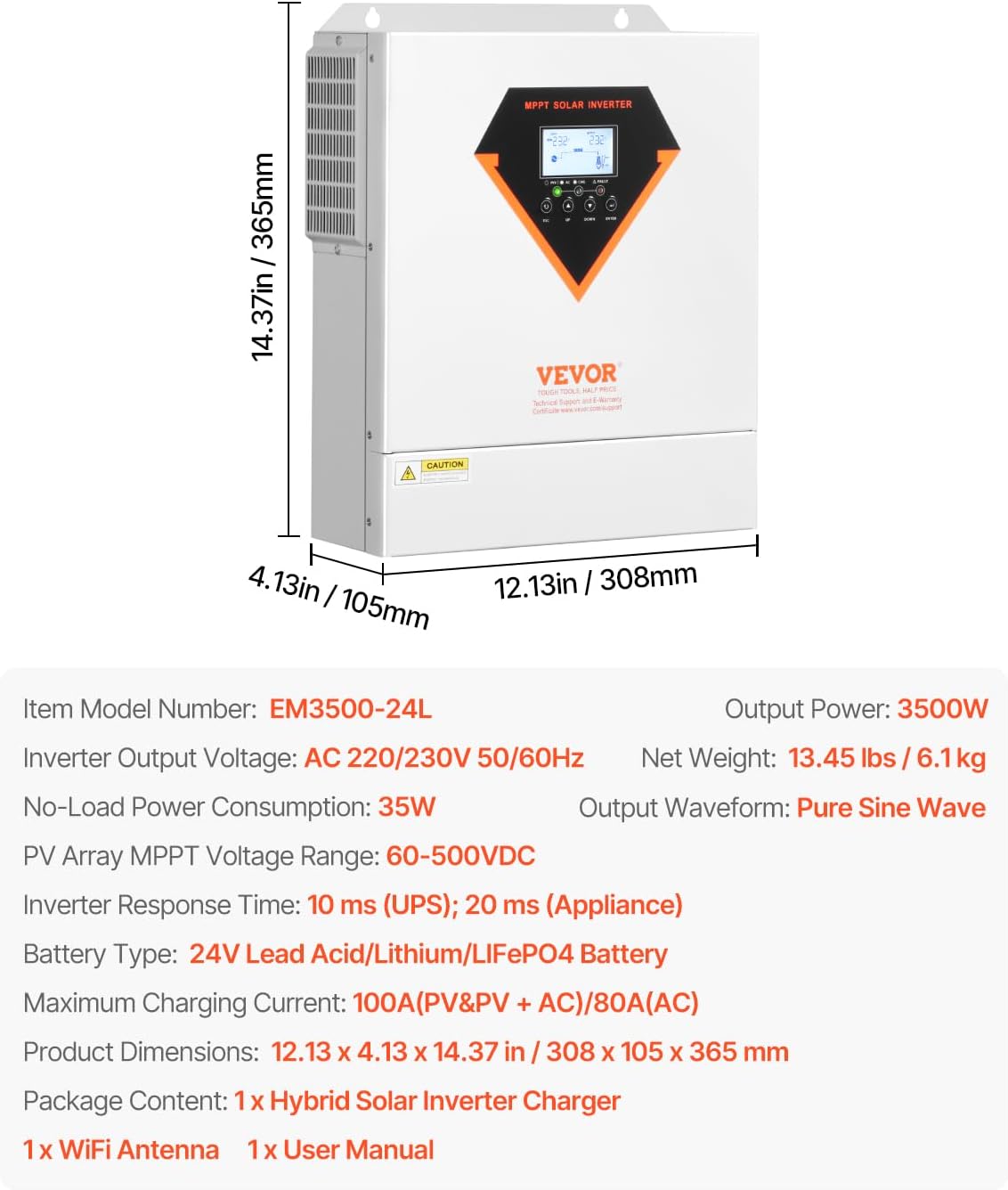 VEVOR Hybrid Solar Inverter, 3500W, Single Phase Pure Sine Wave Power Inverter, 24V DC to 220/230V AC, with Built-in 100A MPPT Solar Charge Controller, for Off-Grid System Lead Acid Lithium Battery