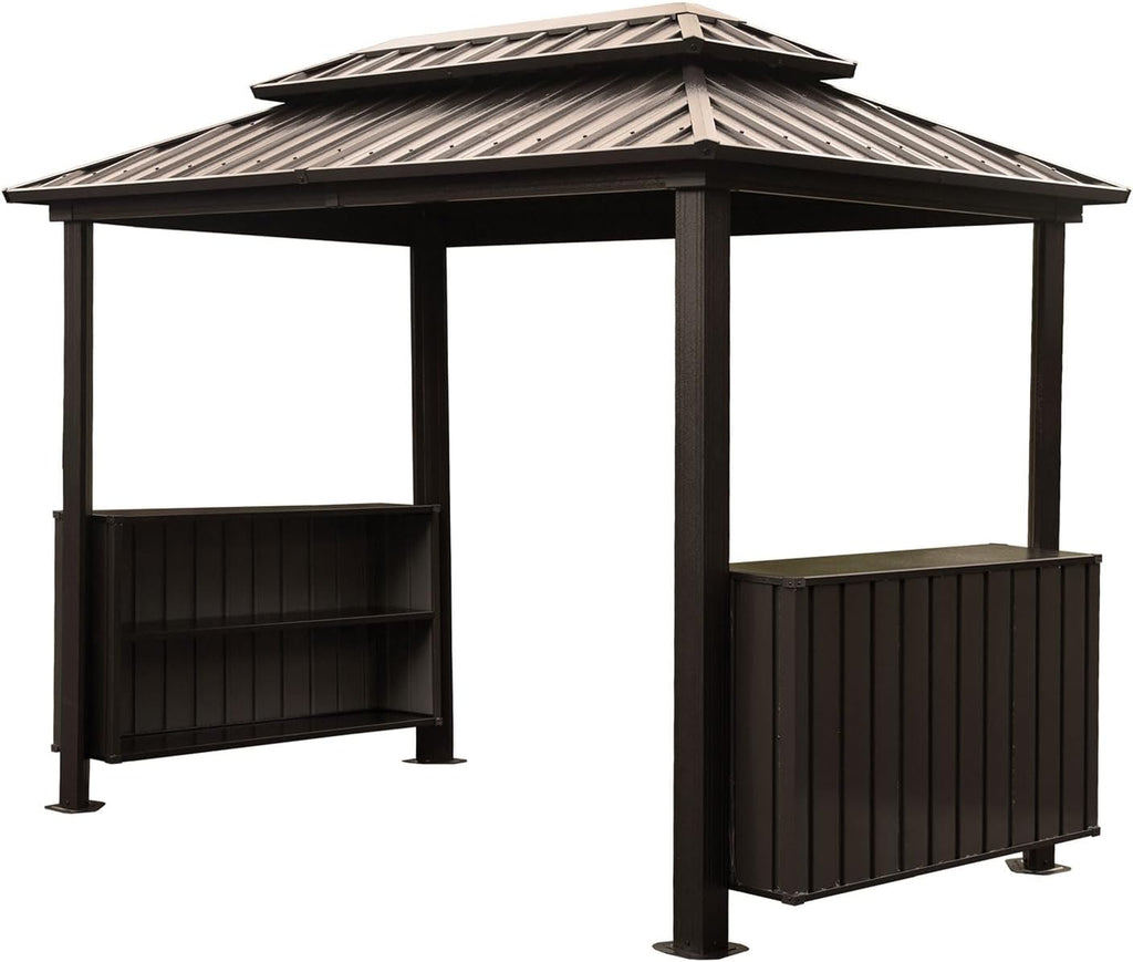 Hardtop Grill Gazebo, 2 Side Shelves & Ceiling Hooks, Permanent Outdoor BBQ Canopy with Galvanized Steel Roof, Metal All-Steel Frame for Patio, Backyard, Deck, Lawn, (Brown, 6x10FT Classic Roof)