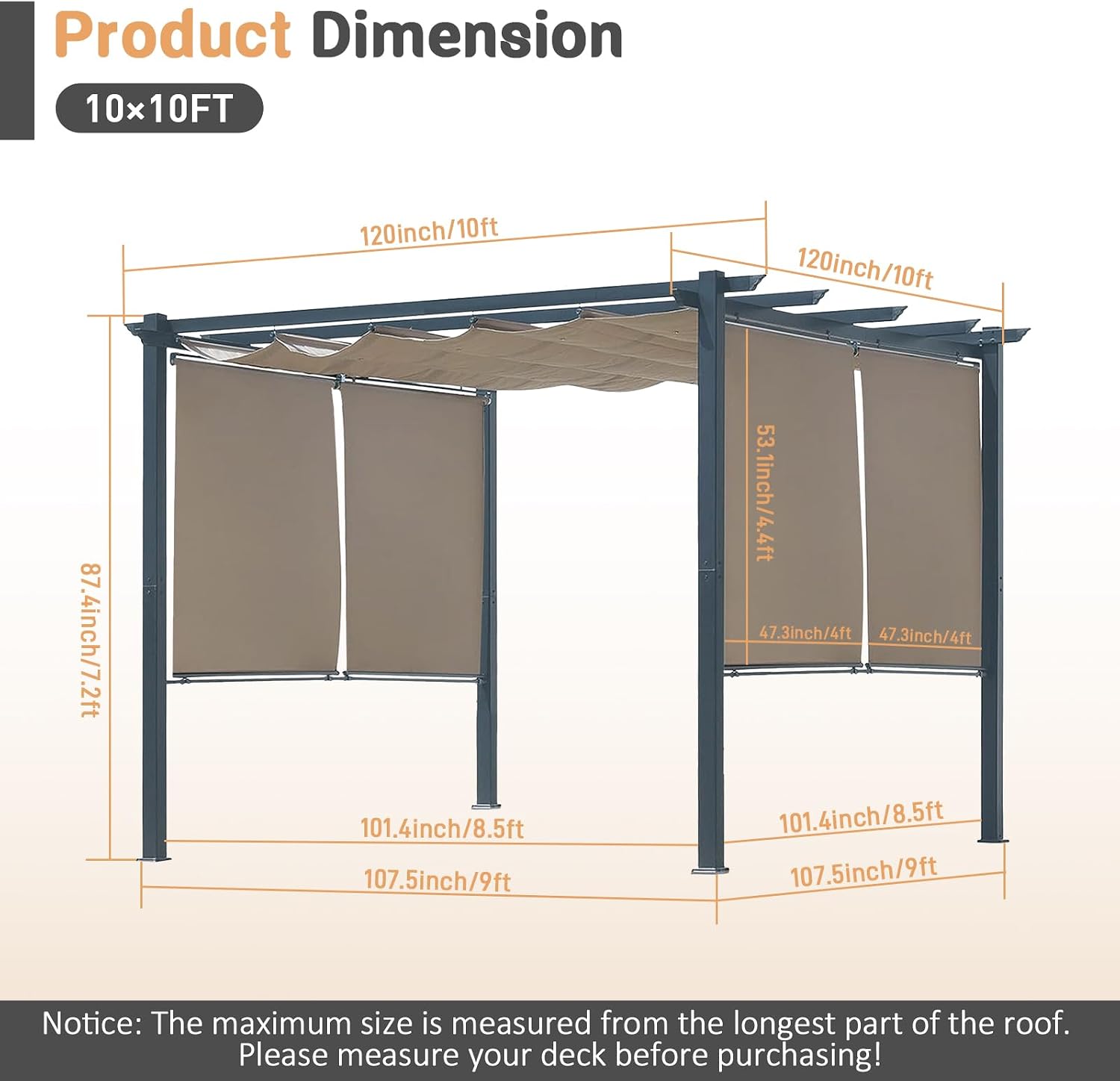10 x 10 Ft Outdoor Aluminum Pergola, Retractable Canopy & 2 Sides Shades for Patio Backyard Garden Deck