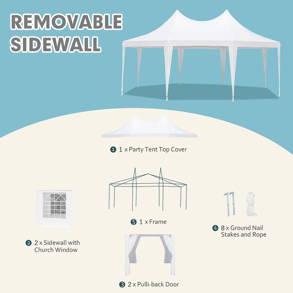 EROMMY 20'x15' Party Tent, White Wedding, Octagonal Heavy Duty Canopy with 6 Removable Sidewalls, 6 Church Windows and 2 Pull-Back Doors, Outdoor Gazebo Pavilion for Party, Wedding, Event