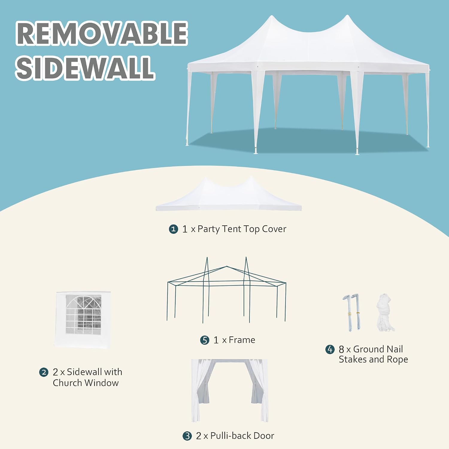 EROMMY 20'x15' Party Tent, White Wedding, Octagonal Heavy Duty Canopy with 6 Removable Sidewalls, 6 Church Windows and 2 Pull-Back Doors, Outdoor Gazebo Pavilion for Party, Wedding, Event