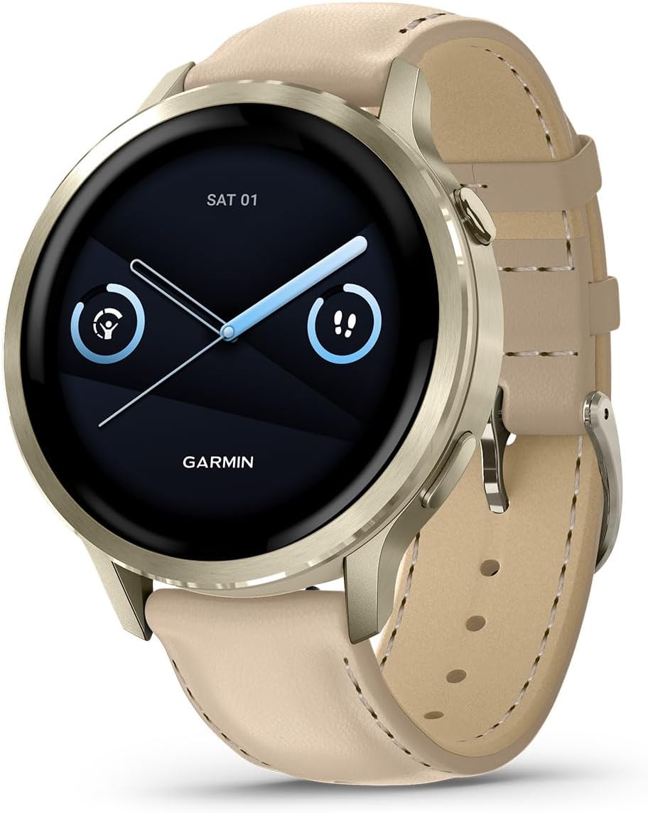 PlayBetter Garmin Venu 4 (Lunar Gold/Light Sand Leather, 41mm) Fitness GPS Smartwatch Bundle - AMOLED Display, Built-in Flashlight, Long Battery Life Portable Charger & HD Screen Protectors