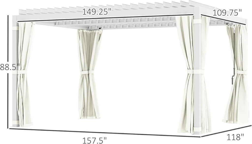 Outsunny 10' x 13' Louvered Pergola Hardtop Gazebo with Adjustable Aluminum Roof and Frame, Outdoor Pergola with Curtains and Netting, for Garden, Lawn, Backyard, and Deck, Cream White