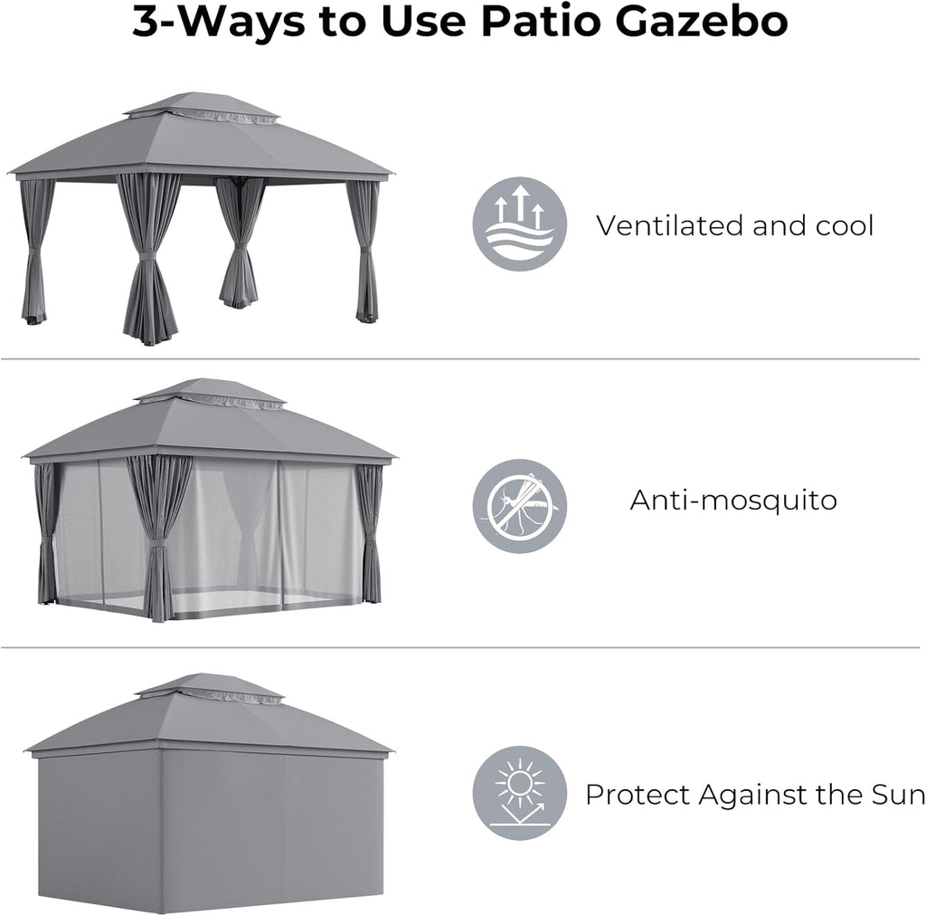 LuxaDomus Outdoor Gazebo 10'×10' for Patio, Metal Frame Canopy with Double Roofs, Heavy Duty Party Tent with Mosquito Netting and Curtains for Backyard, Garden, Lawn and Deck, Grey