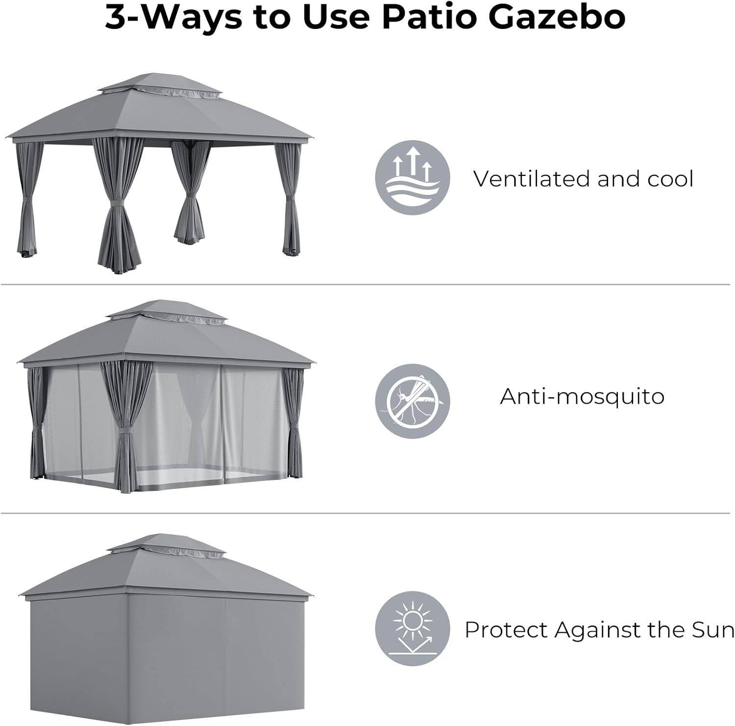 LuxaDomus Outdoor Gazebo 10'×13' for Patio, Metal Frame Canopy with Double Roofs, Heavy Duty Party Tent with Mosquito Netting and Curtains for Backyard, Garden, Lawn and Deck, Grey