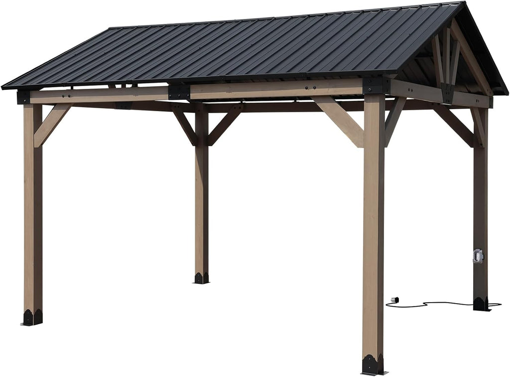 Aoodor 10 x 12 ft Wooden Frame Gazebo with Single Galvanized Metal Hardtop Roof, Outdoor Patio Gazebo with Charging Socket for Patio, Backyard, Deck, and Lawn