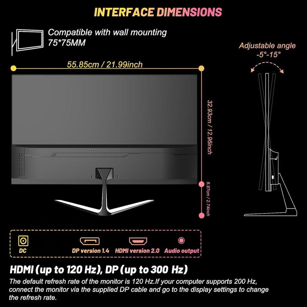 LXZ 24.5 Inch 300Hz 240Hz Gaming Monitor, FHD 1920x1080 VA Panel 1ms Computer Monitor, HDR Mode, Adaptive sync, FreeSync Compatible DP x2, HDMI x2, Ultra Thin Triangle Base, VESA 75mm x 75mm