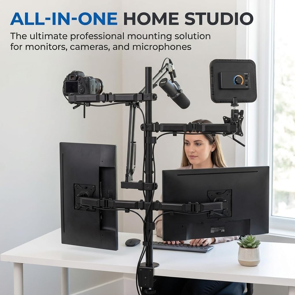Mount-It! All in One Live Streaming Equipment - 5 Arm Desk Mount - Holds Dual Monitors, Cameras, Ring Light with Mic Desktop Stand Set, YouTube Setup for Podcasting, Gaming, Zoom, Clamp/Grommet Base