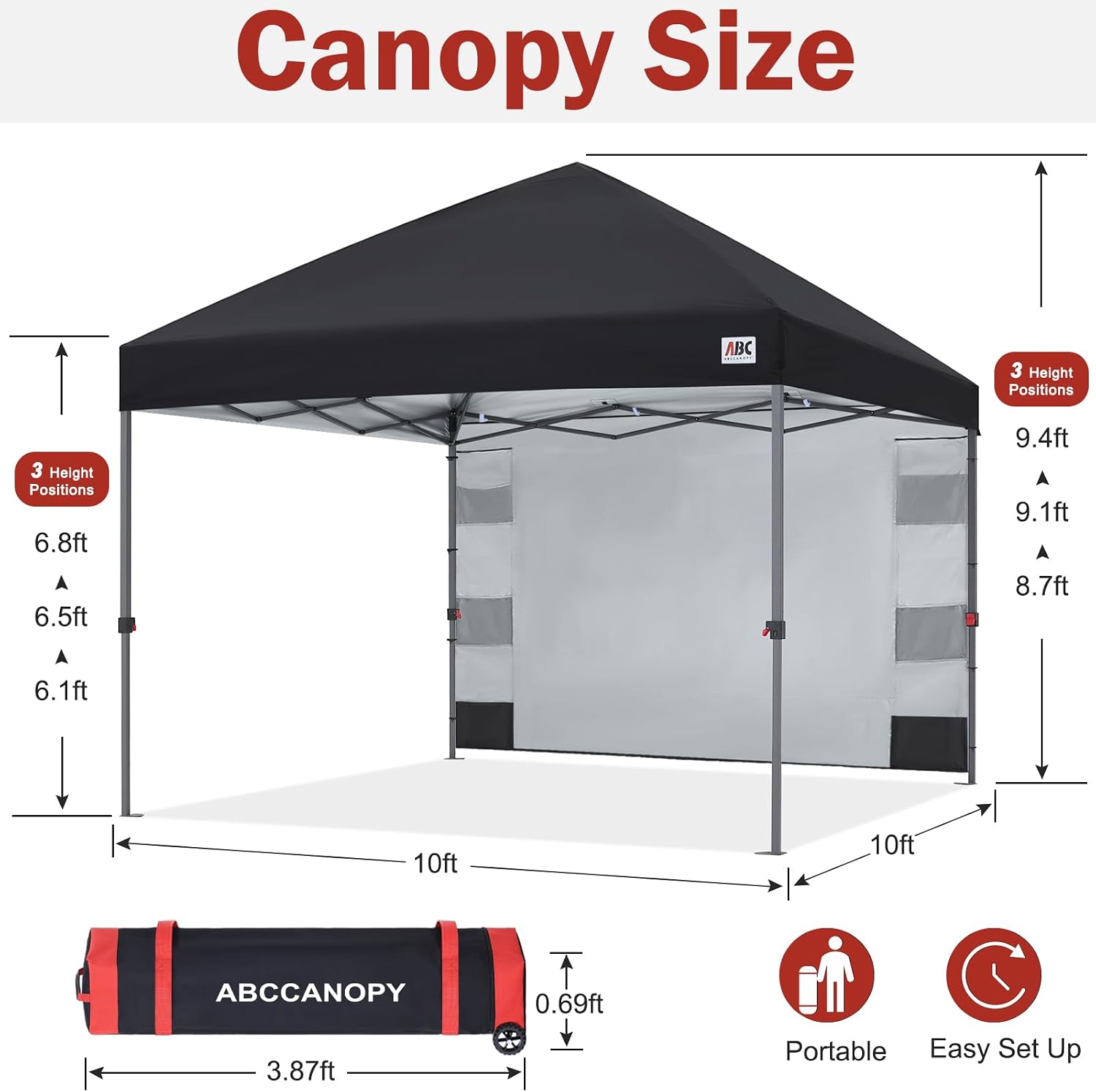 ABCCANOPY Pop Up Canopy with Sidewall,10x10 Outdoor Canopy Tent with Storage Sidewall for Commercial Events with 4 Weights (Black)