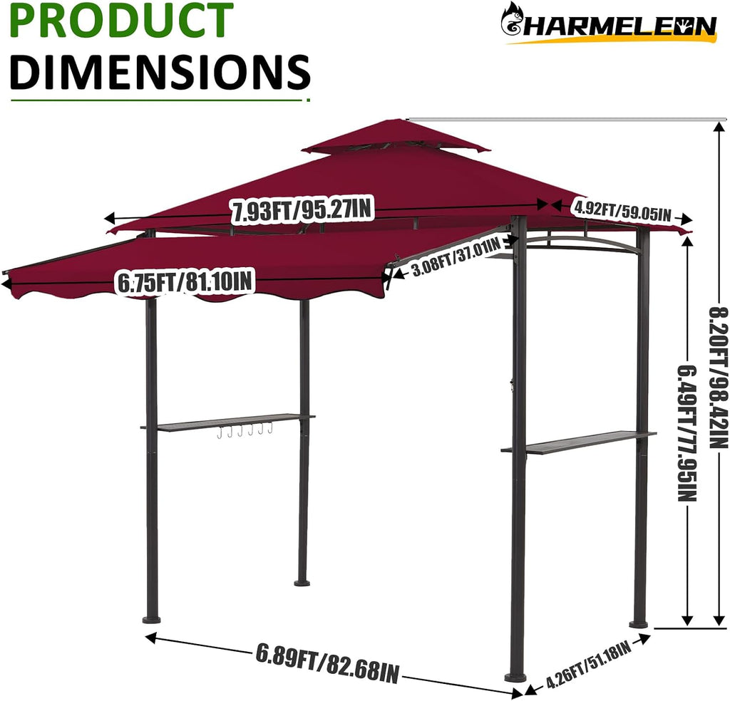 CHARMELEON 8x8 FT Grill Gazebo,Grill Canopy with Big Awning&2 Side Shelves&6 Hooks,Powder-Coated Steel BBQ Shelter for Patio Backyard Outdoor Grilling-Burgundy