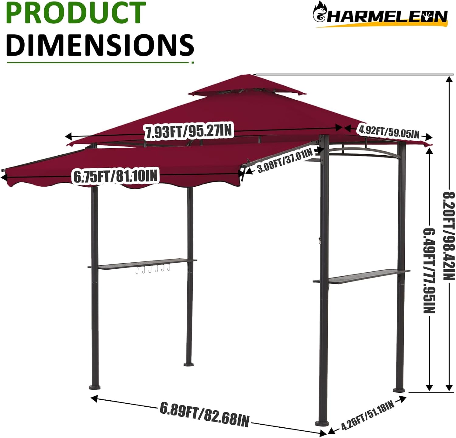 CHARMELEON 8x8 FT Grill Gazebo,Grill Canopy with Big Awning&2 Side Shelves&6 Hooks,Powder-Coated Steel BBQ Shelter for Patio Backyard Outdoor Grilling-Burgundy
