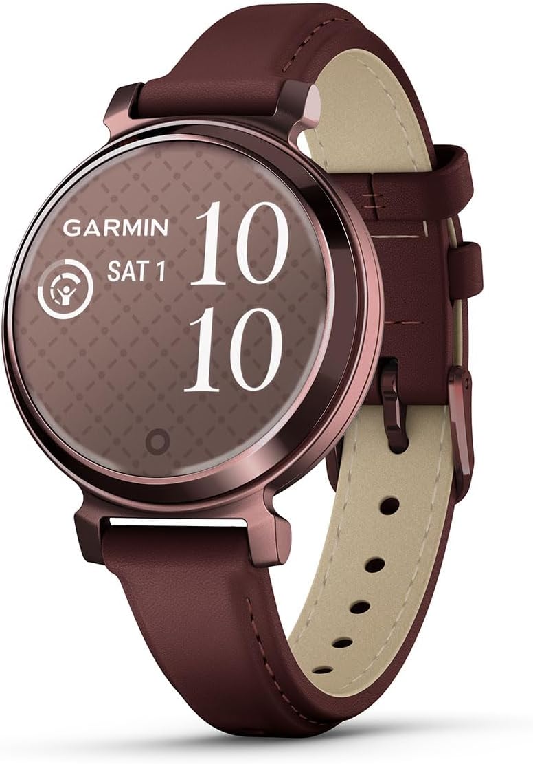 PlayBetter Garmin Lily 2 Classic (Dark Bronze/Mulberry Leather) Women's Fitness Smartwatch Bundle - Ladies Watch with Hidden Display, 5-Day Battery & Garmin Pay - Includes Portable Charger