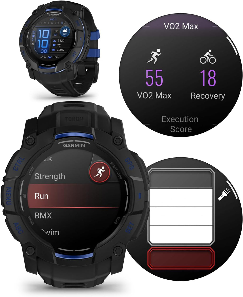 Garmin Instinct 3 Rugged Outdoor GPS Smartwatch - 50 mm AMOLED, Supernova Collection, Limited Edition, Health & Fitness Tracking, Built-in Flashlight, Black/Bolt Blue w/Wearable4U Black EarBuds Bundle