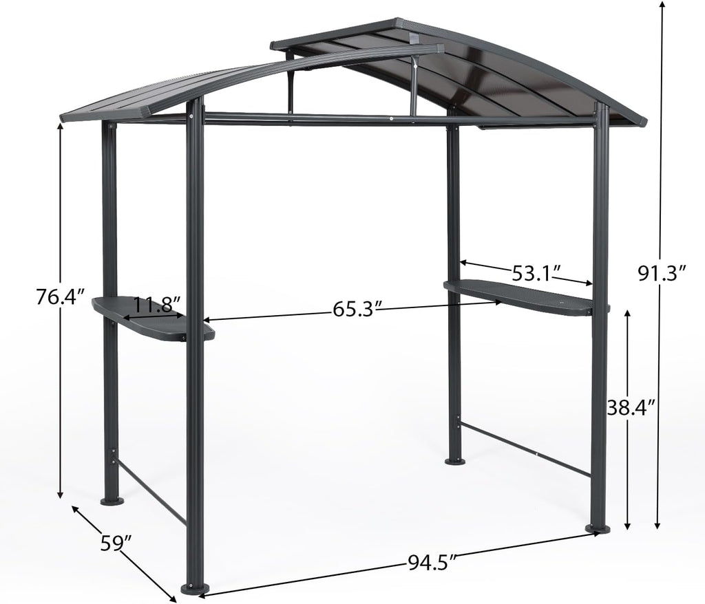 Aoodor 8 x 5 ft. BBQ Grill Gazebo Shelter, Dark Gray Steel Frame and Brown Double-Tier Polycarbonate Top Canopy, with Side Shelves, for Outdoor, Patio, Backyard