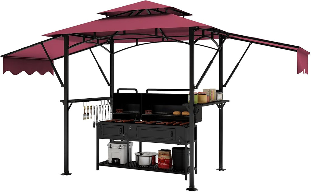 Grill Gazebo, Outdoor BBQ Canopy with Double Extra Awning, Double Tiered Roof Grill Canopy Tent with LED Lights, Weather Resistant Gazebo Shelter for Backyard, Lawn and Patio,Claret