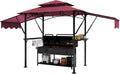 Grill Gazebo, Outdoor BBQ Canopy with Double Extra Awning, Double Tiered Roof Grill Canopy Tent with LED Lights, Weather Resistant Gazebo Shelter for Backyard, Lawn and Patio,Claret