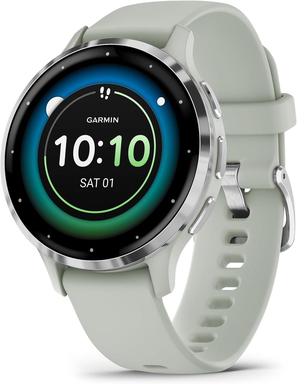 Garmin Venu 3S Running GPS Smartwatch with AMOLED Display, Advanced Health, Fitness Features, Up to 14 Day Battery Life with Signature Series Modern Power Stand | Silver with Sage Gray Silicone Band