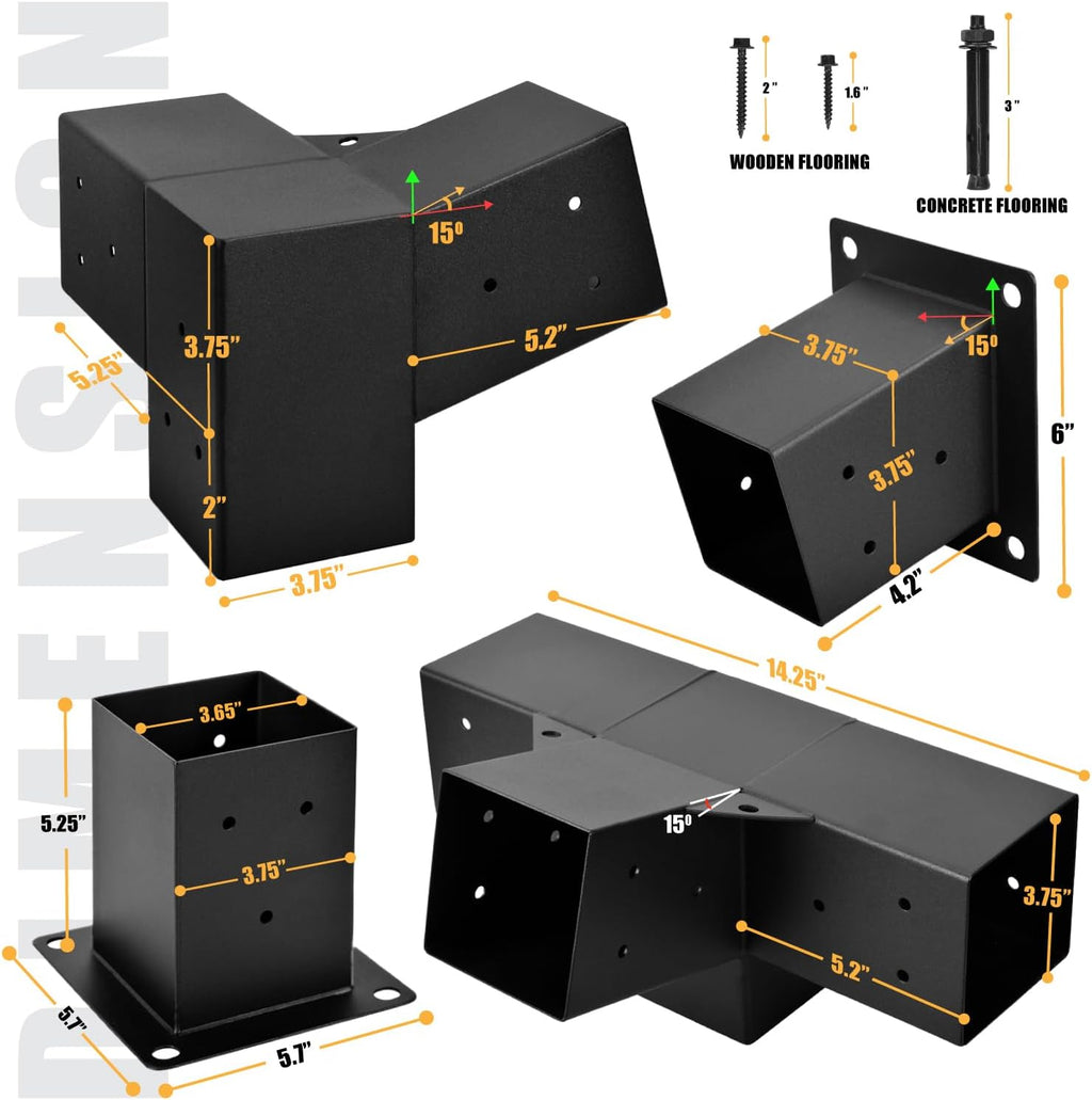 Pergola Kit, 15° 3-Way Slanted Roof Pergola Bracket Set, Roof Wall Mount Extension Bracket 4' x 4' (Actual 3.5' X 3.5') - Set 9