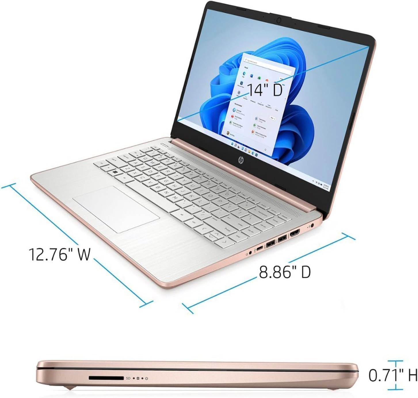 HP Essential Laptop, 14' HD Display, Intel Celeron N4120, 8GB RAM, 64GB eMMC, Webcam, HDMI, Wi-Fi, RJ-45, 1 Year Office 365, Windows 11 Home, Rose Gold