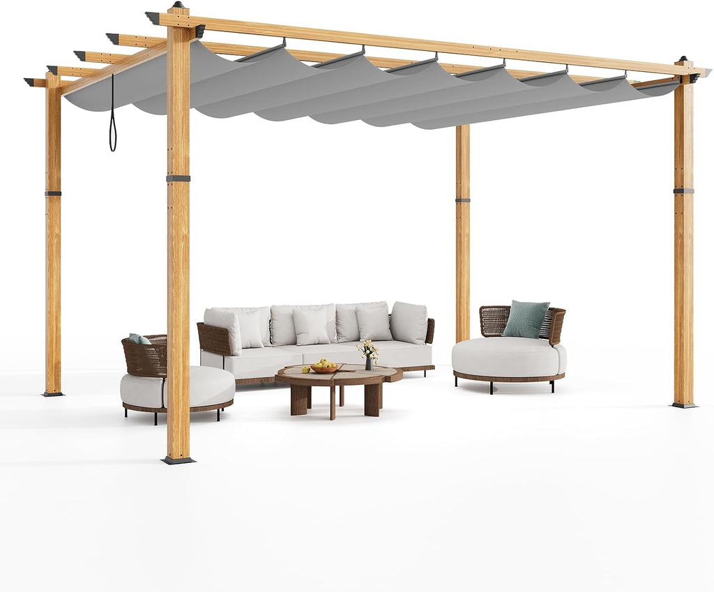 10' X 13' Retractable Pergola Canopy with Natural Wood Like Frame for Backyards, Gardens, Patios, Outdoor Pergola with Sun Shade Canopy,Gray