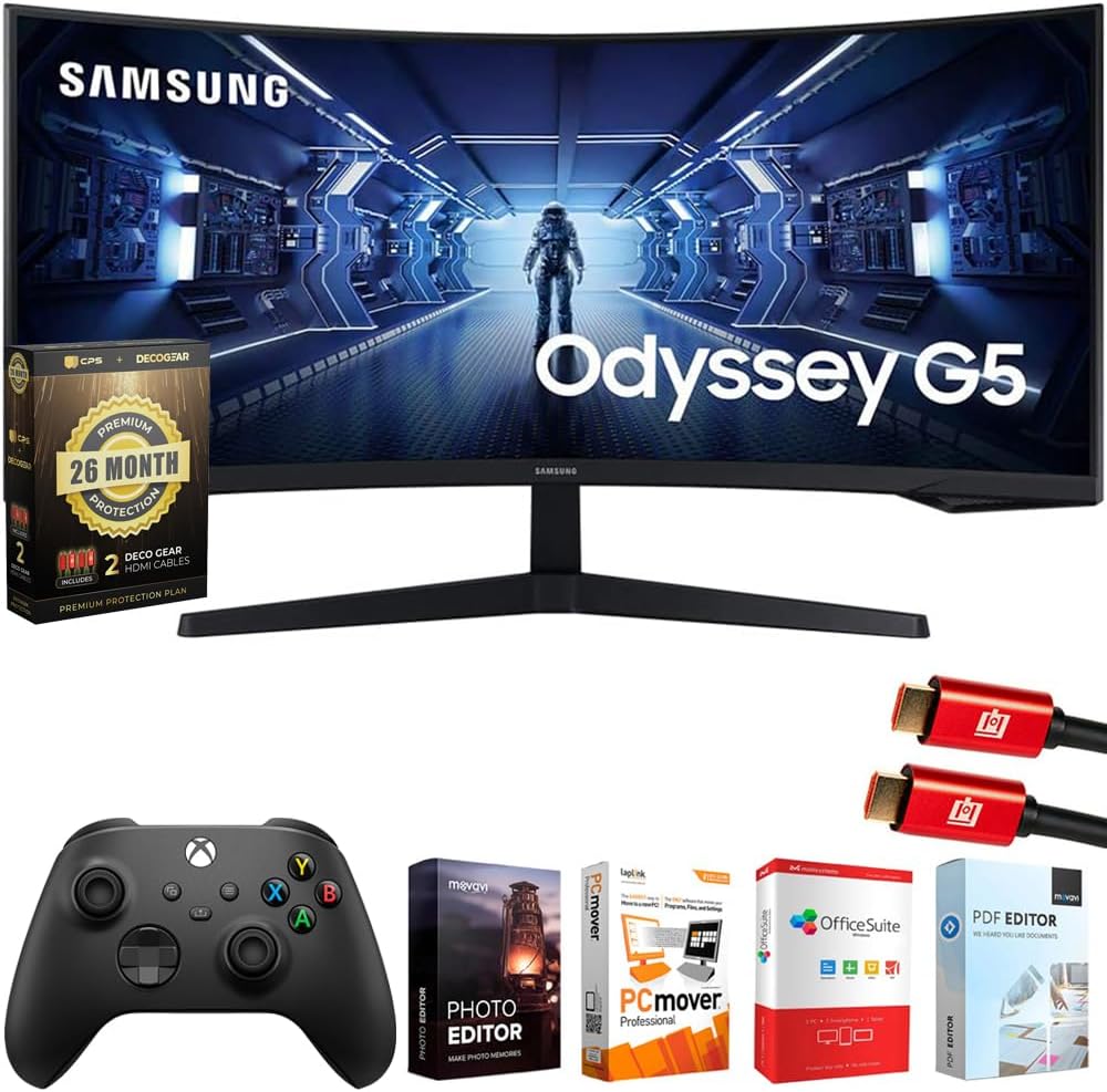 Samsung 34' Odyssey G55T WQHD Curved Gaming Monitor Bundle with Microsoft Wireless Controller, Elite Suite 18, 2X HDMI Cable and Deco Gear CPS Exclusive 26 Month Protection Pack (Beach-CPS- 26M500)