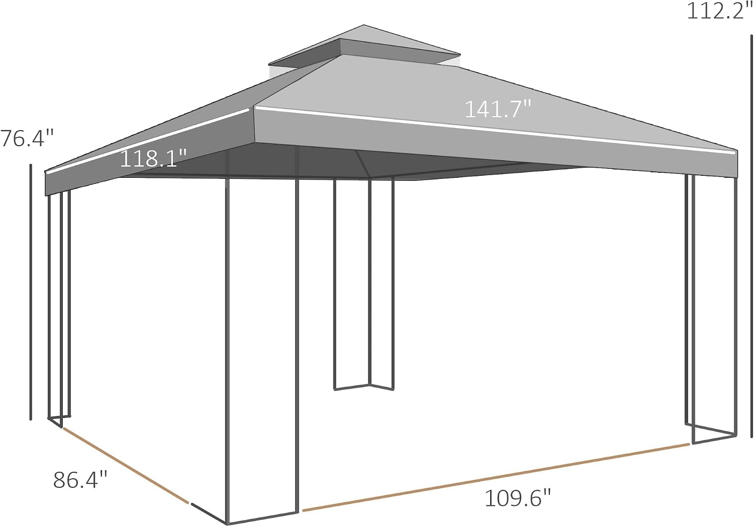 Outsunny 10' x 12' Patio Gazebo with Corner Frame Shelves, Double Roof Outdoor Gazebo Canopy Shelter with Netting for Patio, Wedding, Catering & Events, Gray