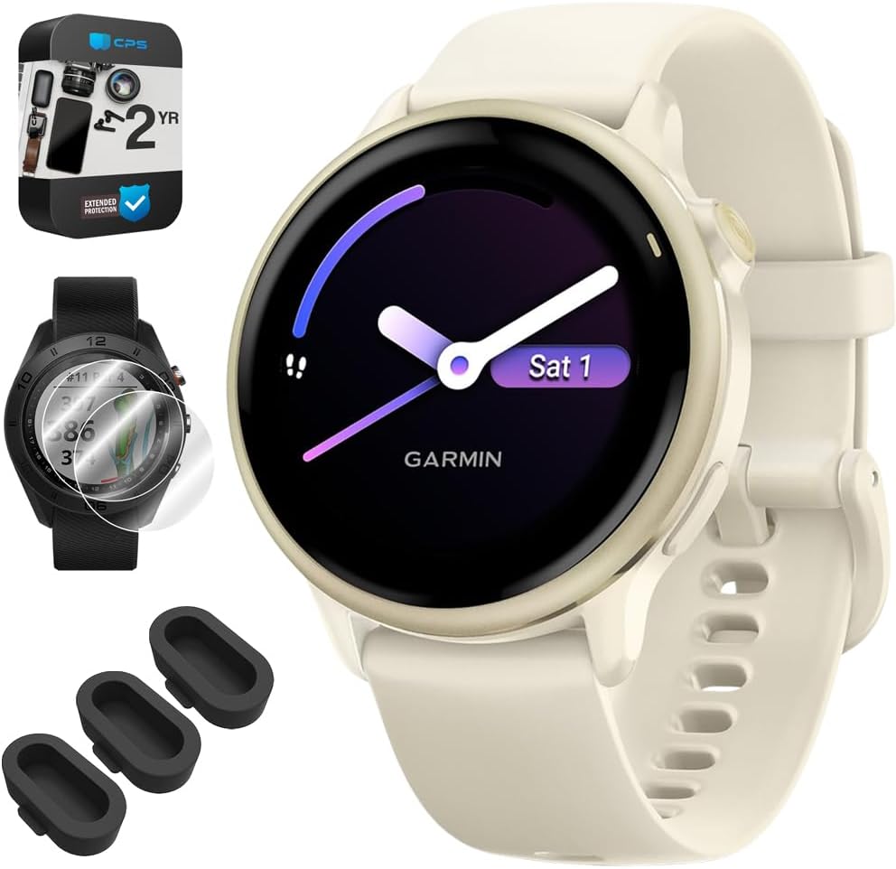 Garmin 010-02985-01 VIVOACTIVE 6 Health & Fitness GPS Smartwatch, Bone with Silicone Band Bundle with 2 YR CPS Enhanced Protection Pack, Deco Essentials Silicone Dust Covers & 2-Pack Screen Protector