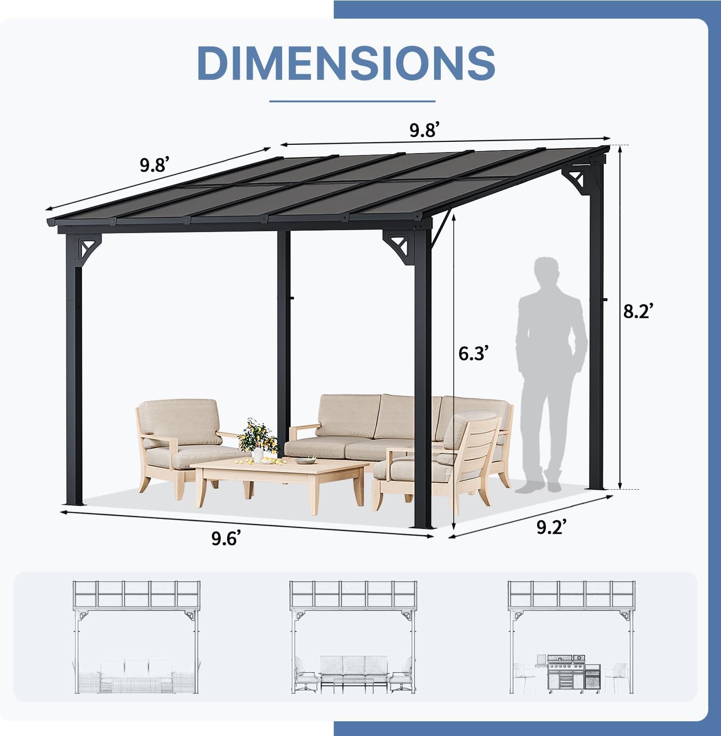 10' x 10' Gazebo for Patio, Gazebo Pergola with Sloped Roof, Large Wall-Mounted Heavy Duty Awnings, for Backyard, Deck, Patio