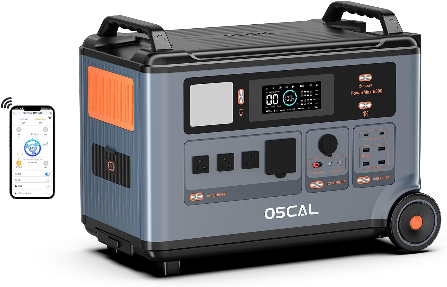 OSCAL PowerMax 6000 Solar Generator, 3600Wh LFP Battery Power Station, Expandable to 57.6kWh, 120/240V Split Phase Voltage 6000W AC Outlets (9000W Peak), 2200W/1.96H Fast Charging, Emergency for Home