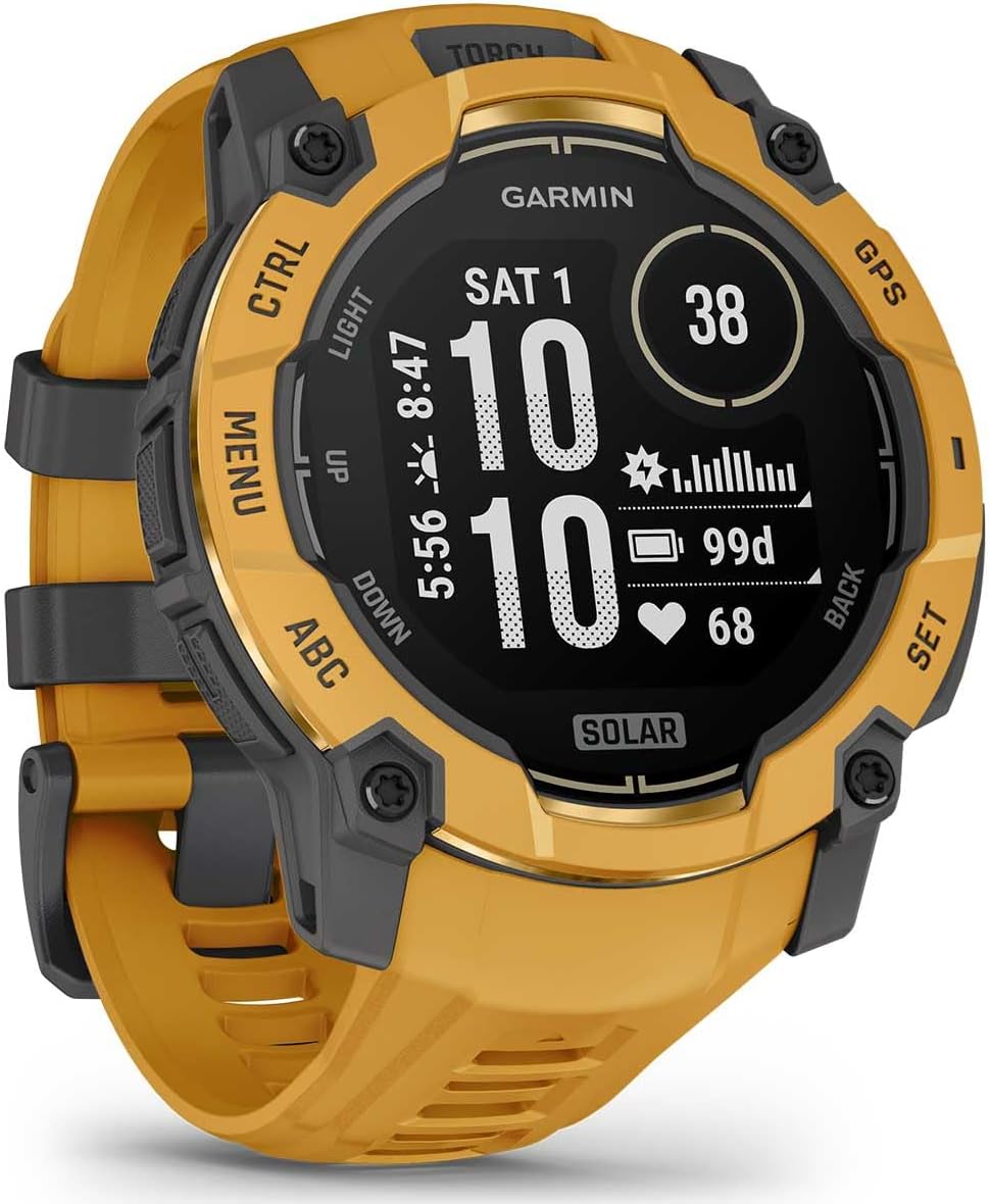 PlayBetter Garmin Instinct 3 Alpine Rush Solar (Sunburst/Gray, 45 mm) Outdoor GPS Smartwatch Gift Box Bundle - Built-in Flashlight, 24/7 Health & Wellness Screen Protectors, Wall Adapter & Case