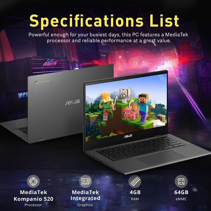 ASUS Chromebook 14' FHD Anti-Glare Laptop, MediaTek Kompanio 520, 4GB LPDDR4X, 64GB eMMC, Webcam, WiFi 6, Bluetooth, Chrome OS, Gravity Gray, CM1402CM2A-M8186