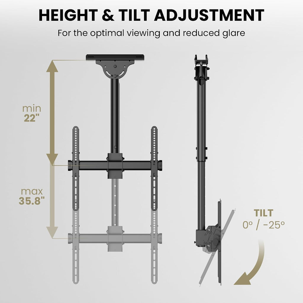 ZeboZap ZZTVC2144 Full Motion Outdoor Ceiling TV Mount Height Adjustable Hanging Mount for Patio Gazebo or Pergola Fits 32 to 55 Inch TVs with Tilt Swivel Flip Down Holds Up to 110 Pounds