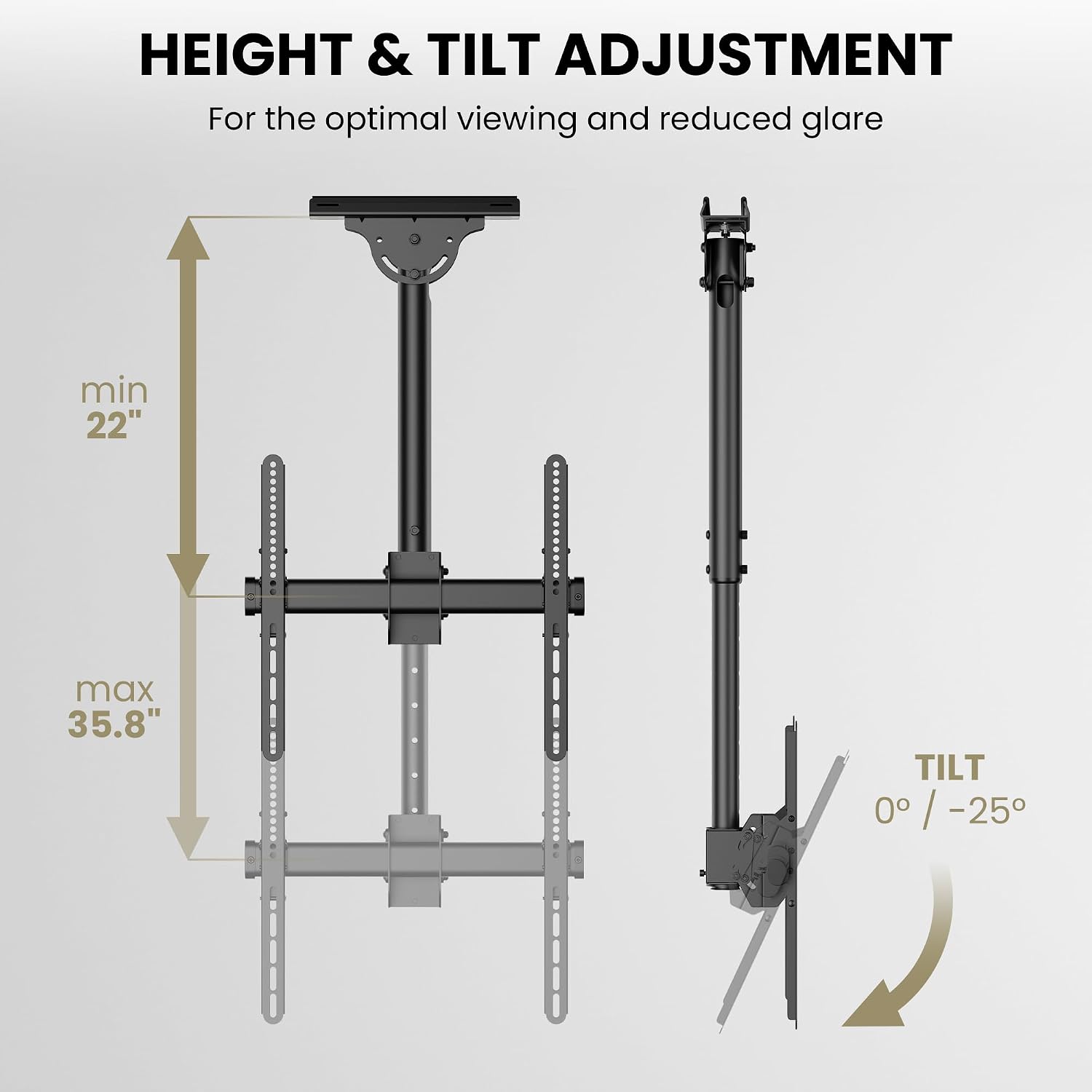 ZeboZap ZZTVC2144 Full Motion Outdoor Ceiling TV Mount Height Adjustable Hanging Mount for Patio Gazebo or Pergola Fits 32 to 55 Inch TVs with Tilt Swivel Flip Down Holds Up to 110 Pounds