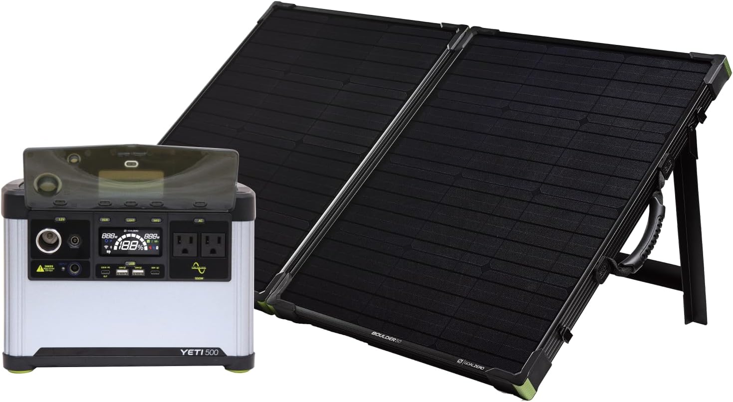 Goal Zero Yeti Portable Power Station, Yeti 500 + Boulder 100 Solar Generator, 499 Watt Hour LiFePO4 Battery, Water resistant & Dustproof Solar Generator For Outdoors, Camping, Tailgating, & Home