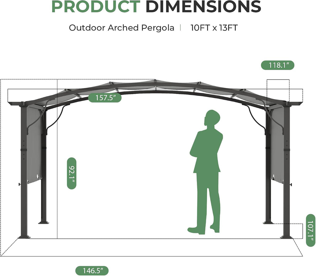 10' x13' Arched Outdoor Pergola for Deck, Outdoor Retractable Pergola with Canopy and Hardware, Small Aluminum Frame with Canopy Fixed in Various Positions (Grey)