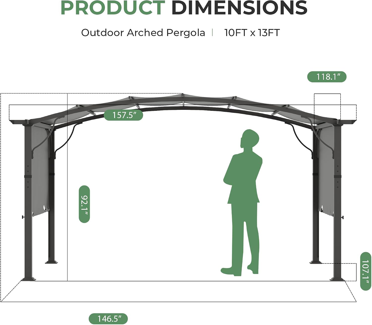 10' x13' Arched Outdoor Pergola for Deck, Outdoor Retractable Pergola with Canopy and Hardware, Small Aluminum Frame with Canopy Fixed in Various Positions (Grey)