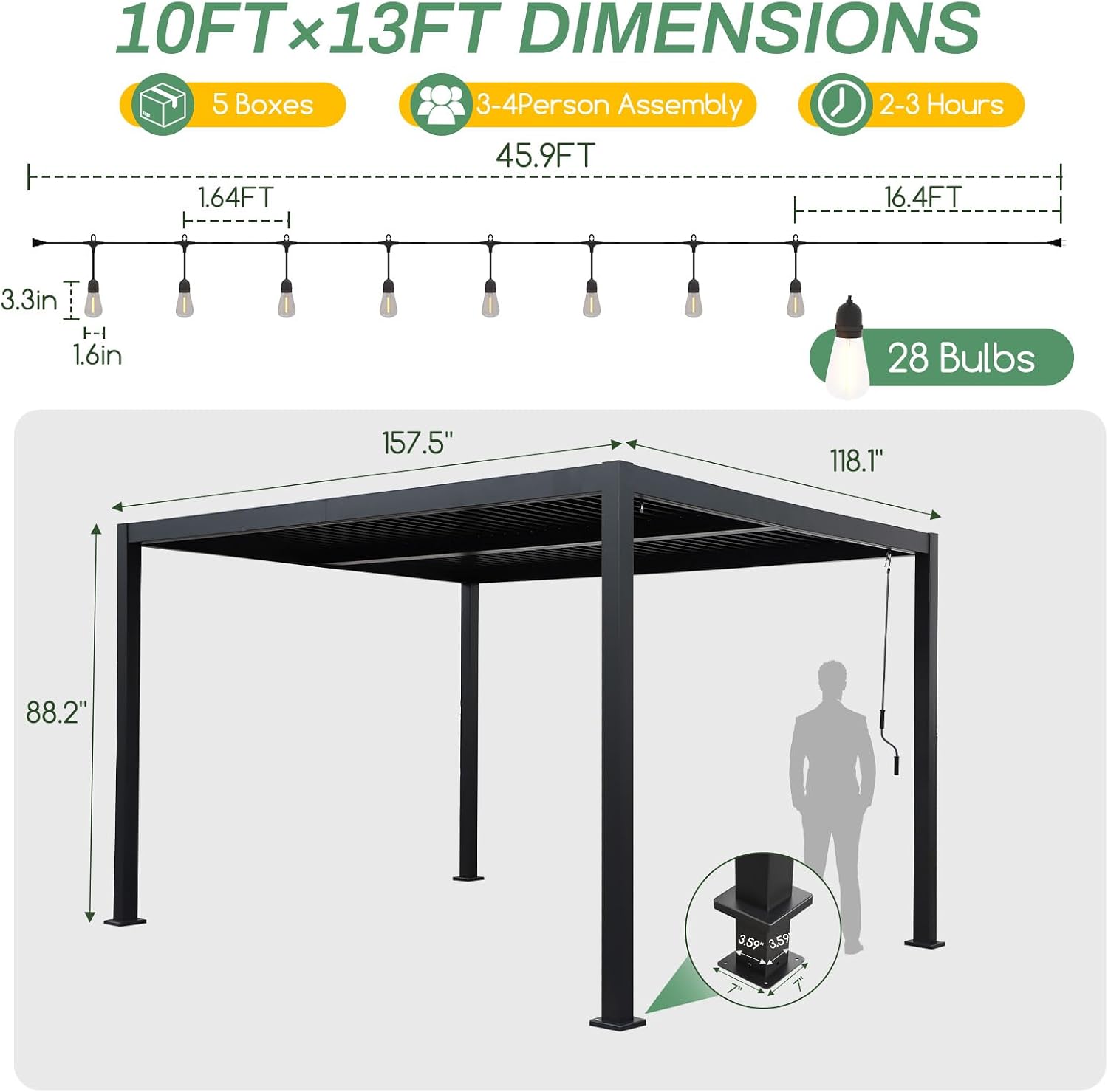 LVUYOYO Outdoor Louvered Pergola 10' x 13' with LED String Lights, Aluminum Pergola with Adjustable Roof, Waterproof Metal Gazebo for Patio, Backyard, Garden, Deck (10x13FT with Lights)