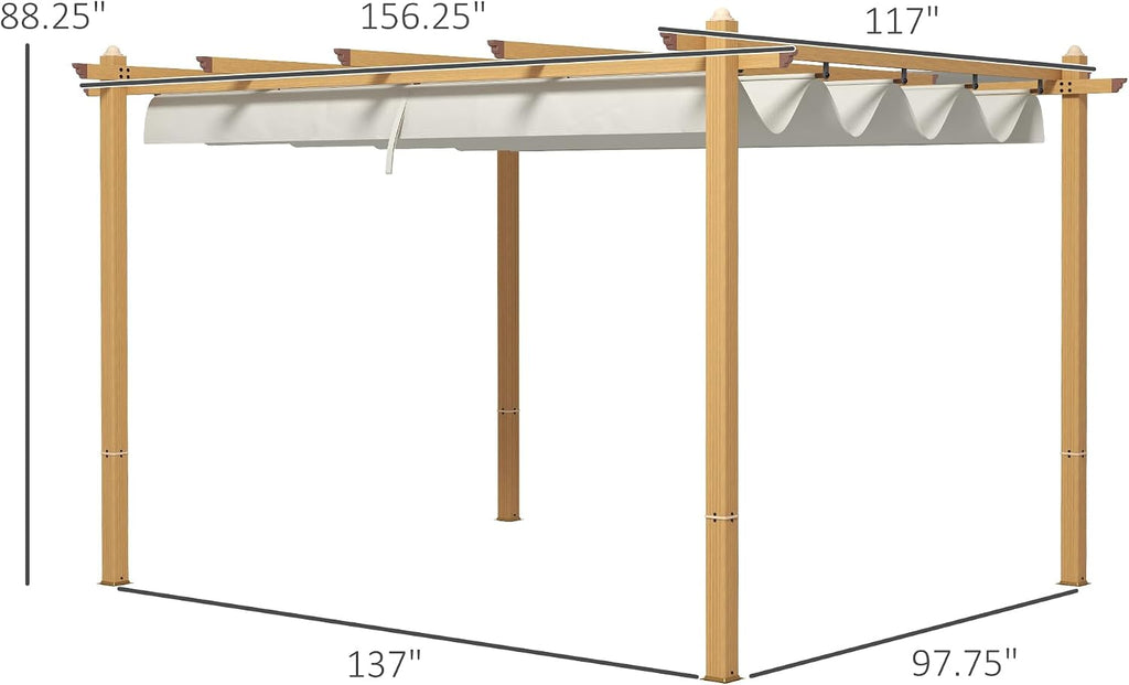 Outsunny 10' x 13' Retractable Pergola Canopy, Wood Grain Aluminum Pergola, Outdoor Sun Shade Shelter for Grill, Garden, Patio, Backyard, Deck, Cream White